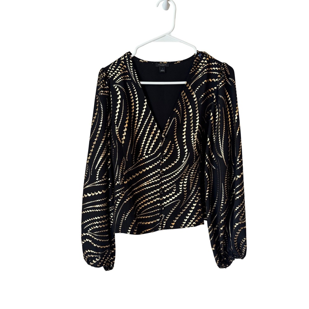 Ann Taylor Factory Womens Black Gold Metallic Foil V Neck Button Front Blouse S